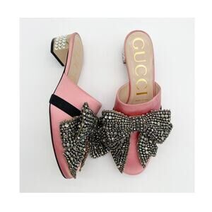 Gucci Candy Pink Silk Removable Crystal Embellished Bow Block Heel Mules EU 37